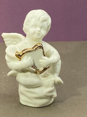 Porcelain Angel with Gold Tipped Wings & Gold Accent Harp 3.5”